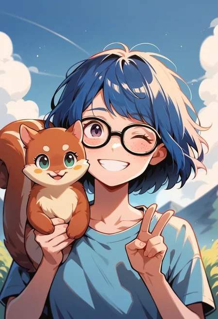score_9, score_8_up, score_7_up, score_6_up, <lora:p3tl0v3XLP:1> p3tl0v3, 1girl, 22yo, blue hair, bob cut, thick glasses, freckles, cute smile, squirrel on shoulder, kawaii, cute, winking, v, outdoors, mountain stream in background