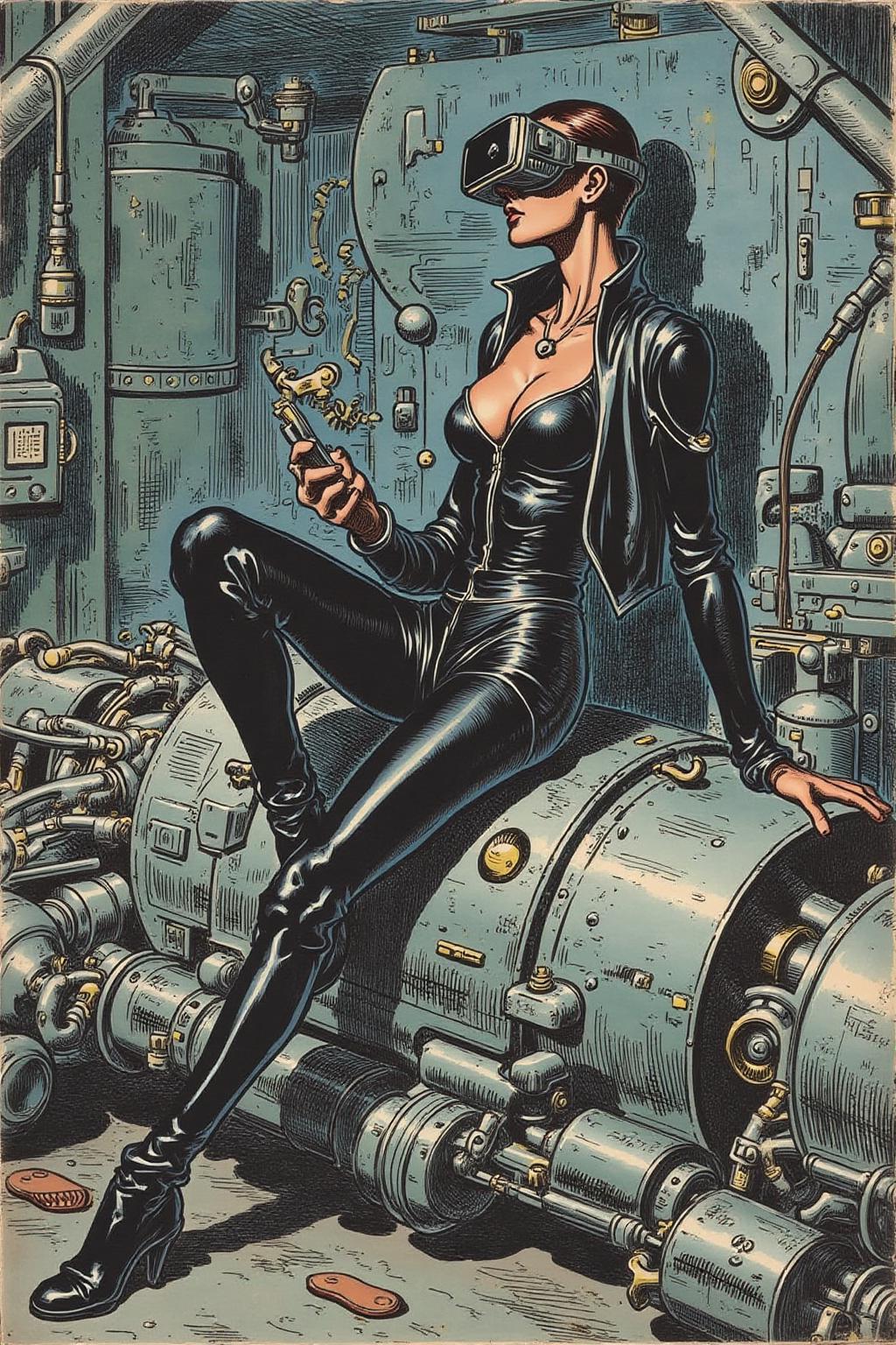 gusdore1 illustration of a striking, futuristic scene depicts a woman dressed in sleek, form-fitting leather attire, sitting confidently atop an open power suit, inspired by the cyberpunk aesthetics of Masamune Shirow. The power suit, a blend of advanced technology and military-grade armor, features intricate mechanical details, exposed wiring, and a robust, yet streamlined design. The woman, wearing a cutting-edge VR headset, exudes a sense of control and mastery over the machine beneath her. Her posture is relaxed yet commanding, with one hand resting on the suit’s metallic surface and the other casually holding a piece of advanced tech. The background is a high-tech industrial setting, with dim lighting that casts dramatic shadows, highlighting the fusion of human and machine. The overall atmosphere is one of futuristic coolness and cybernetic elegance, capturing the essence of Shirow’s iconic  <lora:gusdore1_flor2_d4a2:1.0><lora:799560896042009709:0>