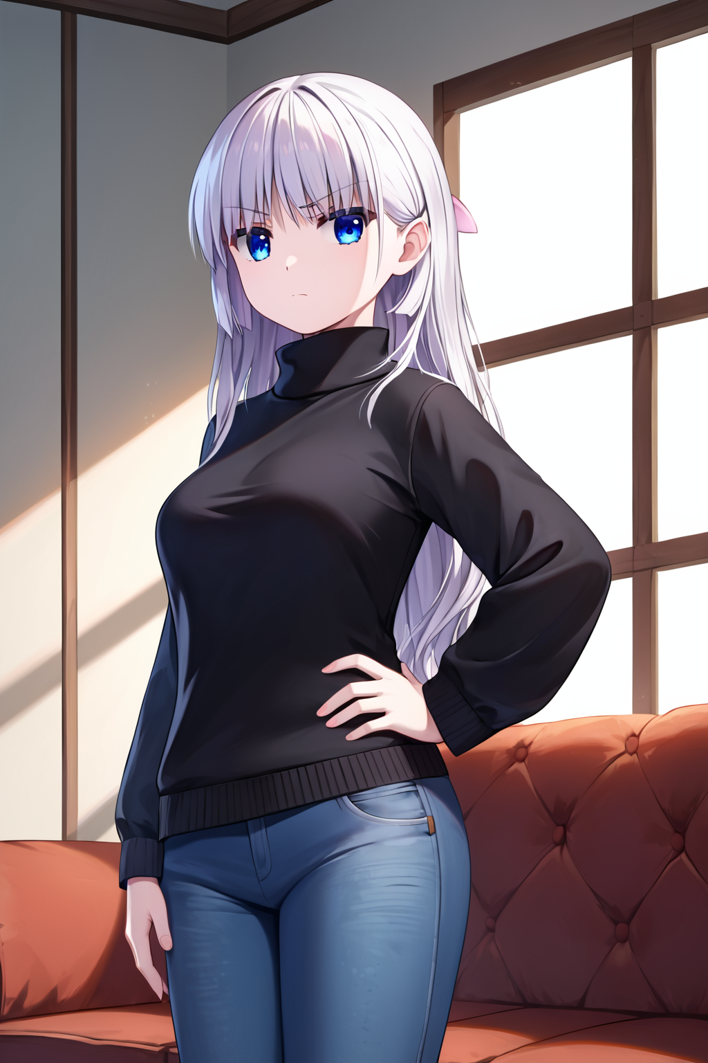 zPDXL2, rating_safe, source_anime, 1girl, 4k quality, detailed background, detailed eyes, (cowboy shot), living room, from behind view, looking back, unimpressed, annoyed, (lowered eyelids), jitome eyes, staring, black sweater, oversized sweater, jeans, v shaped mouth, hand on hip, <lora:naruse-shiroha-xl-04:1>, naruse shiroha, medium breasts, white hair, long hair, blue eyes,