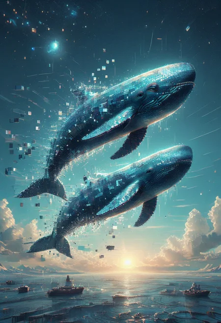 A flying whale, solo, made entirely of tiny square mirrors, floating in outer space, glitch style, very interesting composition, dynamic lighting, deep shadows and high contrast, bright lighting, CyberRealistic_Negative_SDXL, BotS
