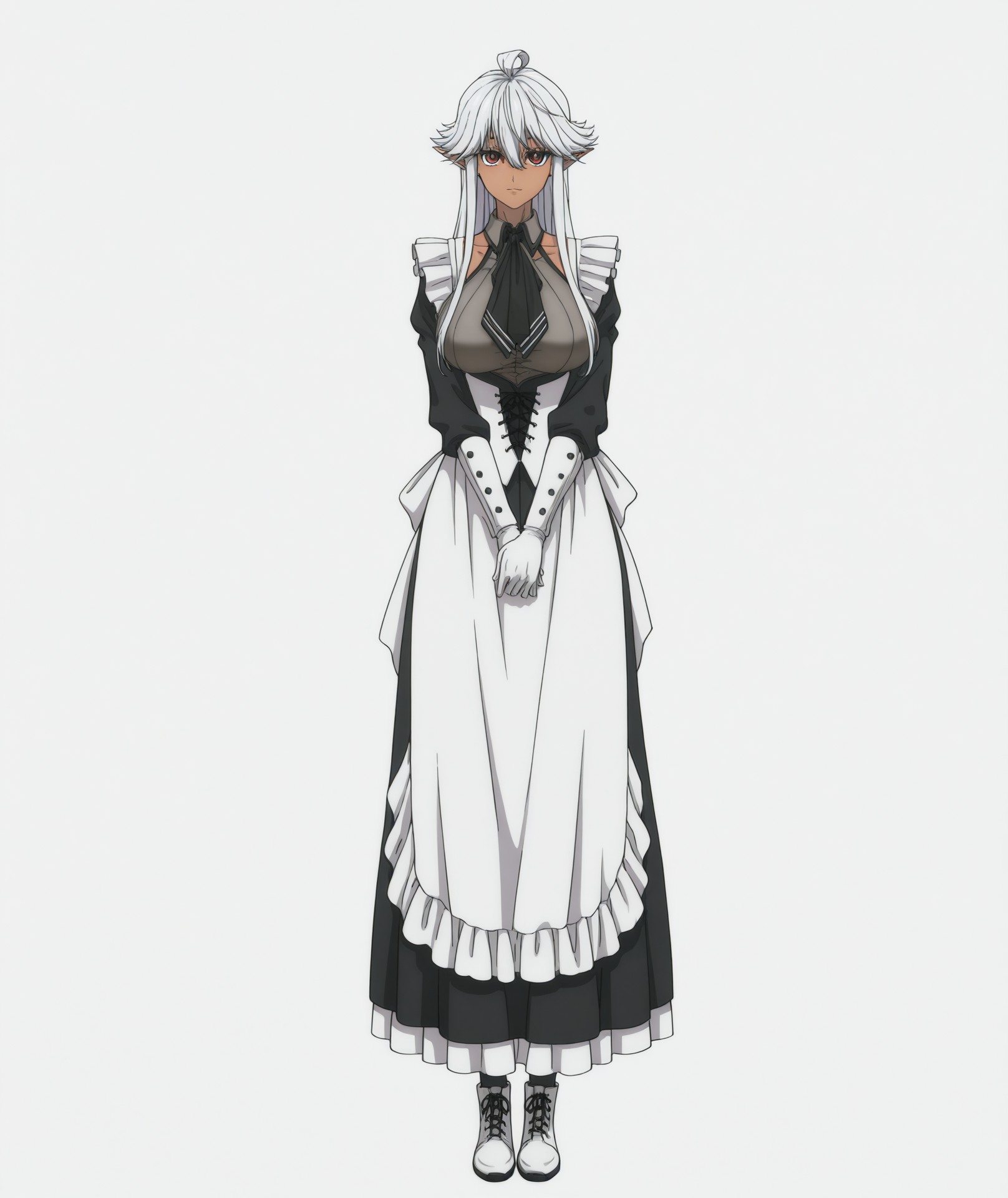 official art, absurdres, highres, anime coloring, hi res, best quality, masterpiece, 2d, intricate details, 4k,
1girl, solo, eyelashes, nose, long hair, bangs, red eyes, dress, ahoge, white hair, sidelocks, pointy ears, dark skin, blurry, dark-skinned female, elf, hair between eyes,
breasts, large breasts,
long sleeves, frills, maid, ascot, black ascot, gloves, dress, collarbone, alternate costume, white gloves, corset, enmaided, long dress, white footwear, 
looking at viewer, full body, 
depth of field, white background, <lora:Reanette_Elfelt_ILXL:1>, shinmai ossan bokensha, reanette elfelt,