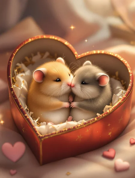 A heartwarming digital painting of two hamsters snuggling lovingly in their cozy nest, nestled within a heart-shaped chocolate box. The hamsters, one with soft golden fur and the other with a warm gray-brown coat, are curled up together in an affectionate embrace, their tiny noses touching as if sharing a tender moment. The chocolate box, slightly worn and lined with bits of shredded paper and soft fabric, adds a whimsical charm, its red and gold foil edges glinting softly in the warm, ambient light. The scene is bathed in a gentle glow, with a pastel color palette of warm pinks, creams, and soft browns creating an inviting and serene atmosphere. Delicate textures of fur, paper, and foil are rendered with fine detail, evoking a sense of warmth and intimacy. In the background, blurred hints of a cozy room with soft shadows enhance the feeling of comfort and love. Romantic yet playful, this image captures the sweetness of companionship. whimsical illustration, soft lighting, romantic mood