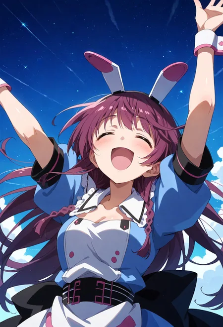 score_9, score_8_up, score_7_up, source_anime, masterpiece, best quality,perfect anatomy,rating_safe,tabane,blush,tareme,drooping eyes,shiny skin,cowboy shot,closed eyes,open mouth,smile,happy.head back,outstretched arms,dark blue sky,starry sky  <lora:tabane.pony:1>