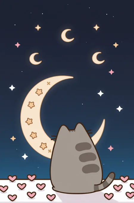 masterpiece, best quality,very aesthetic, sitting on a crescent moon, surrounded by floating hearts, night sky full of stars, celestial romance, Pusheen <lora:PusheenIXL:1>