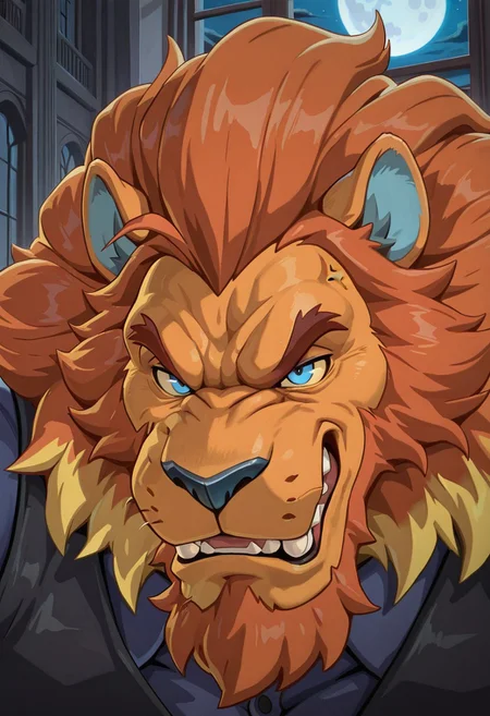 masterpiece, best quality, amazing quality, BKing, heavy chin, furry male, solo, fangs, beard, (blue ears, blue nose, orange hair, red bangs, yellow highlights, orange skin), mansion, at night, moon, long window, huge muscular lion, (angry), blue eyes, face close up, front view, black vest, blue shirt, blue sleeves