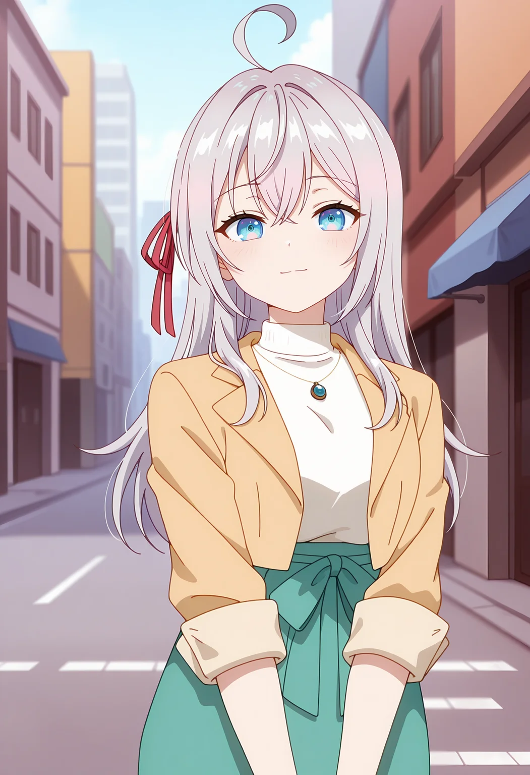 anime screencap, masterpiece, best quality,
<lora:Roshidere_KujouAlisaMikhailovna(Alya)_IlluXL:0.9>,
1girl, solo, closed mouth, light smile, light blush,
long hair, grey hair, ahoge, crossed bangs, blue eyes, hair ribbon, red ribbon,
AlyaCasual, cropped jacket, yellow jacket, turtleneck, white sweater, pendant, sleeves rolled up,
high-waist skirt, waist bow, green bow, medium skirt, green skirt,
v arms, standing, looking at viewer,
blurry background, outdoors, street, cityscape