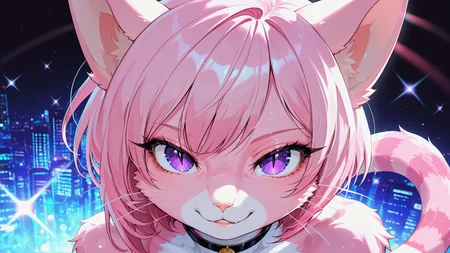 embedding:lazyposv2, CiviChan,1girl,solo,furry,furry female,cat girl,cat ears,short hair,pink hair,purple eyes,slit pupils,snout,animal nose,whiskers,body fur,striped tail,
neko_catgirl anime_style sparkle_lens_flare cute_collar_jewelry soft_lighting 90s_rental_manga_vibe buffering_ljyt_requests contains_undying_love