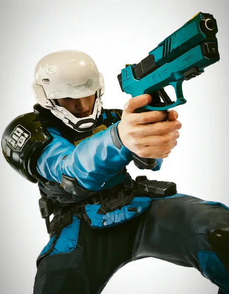 1boy, solo, police, cyberpunk, armor, helmet m-76e omaha, handgun, holding gun, finger on trigger, simple background, white background best quality, masterpiece, cosplay photo, photorealistic, toshi_\(hokkaido2015\), satou_t, yun_ling, xianggang_jizhe, <lora:OWN/pops_cyb_m-76e_omaha-v007.safetensors:1.0>