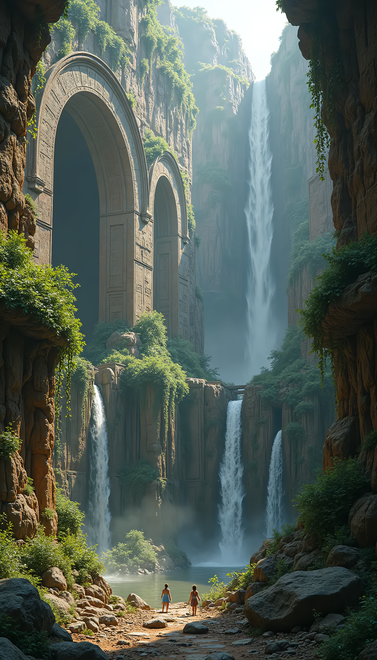 Ruins of an ancient civilization, built into the cliffs of a massive canyon. The ruins are filled with ancient writings and glowing glyphs, with vines and waterfalls weaving through the stone.