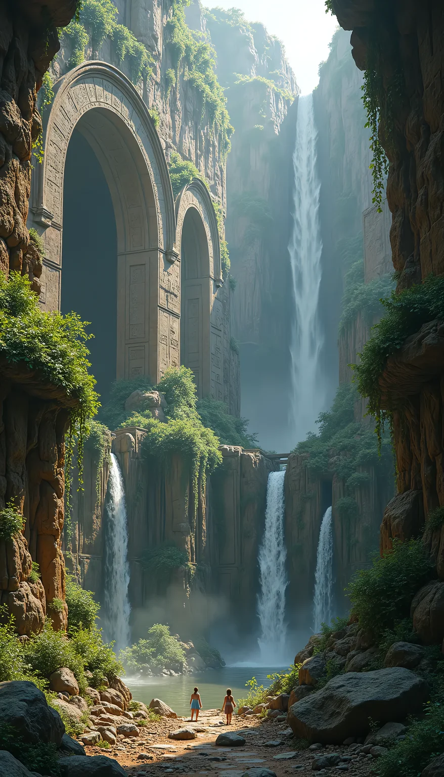 Ruins of an ancient civilization, built into the cliffs of a massive canyon. The ruins are filled with ancient writings and glowing glyphs, with vines and waterfalls weaving through the stone.