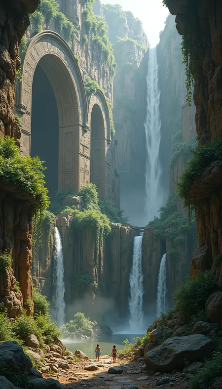 Ruins of an ancient civilization, built into the cliffs of a massive canyon. The ruins are filled with ancient writings and glowing glyphs, with vines and waterfalls weaving through the stone.