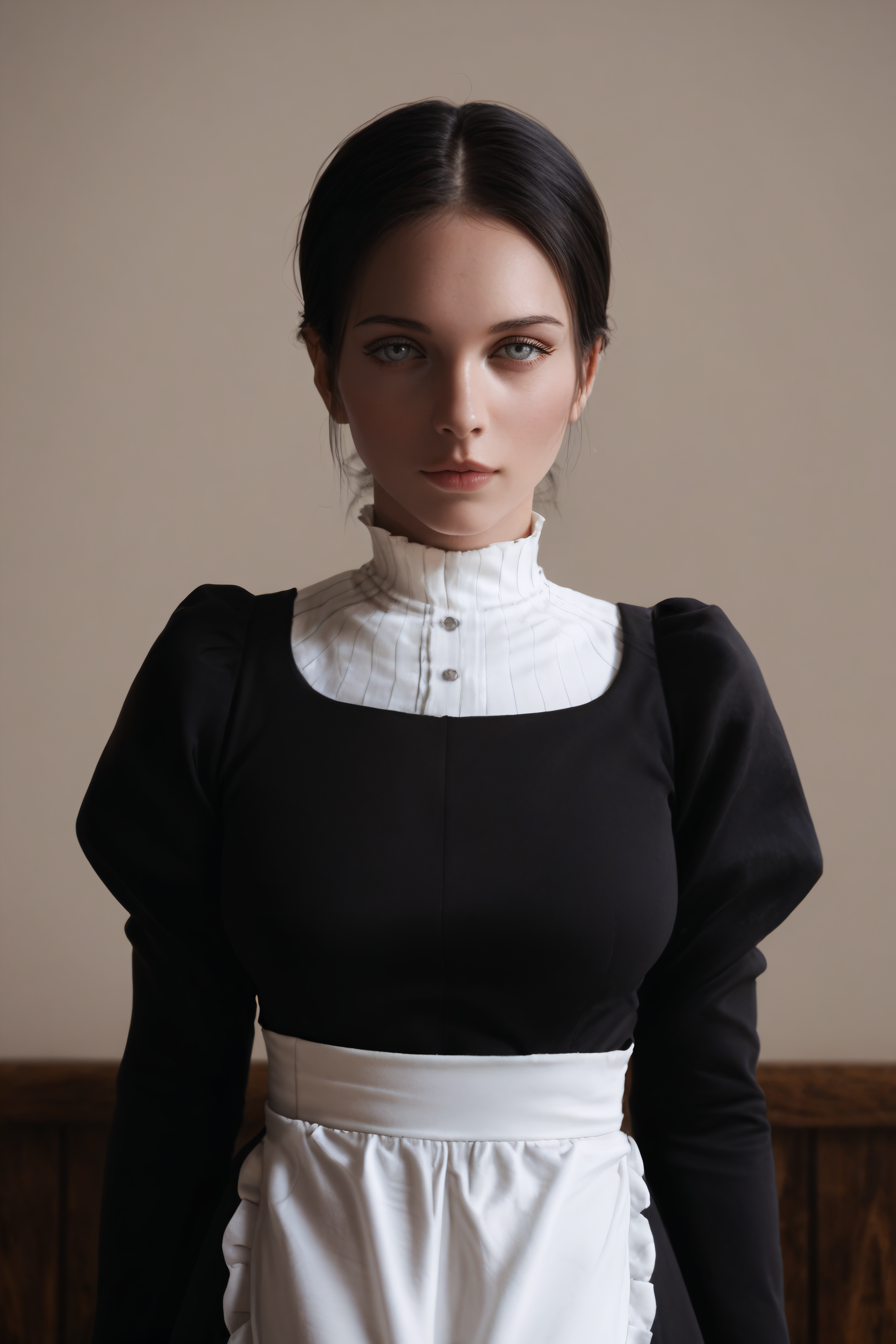 score_9, score_8_up, score_7_up, BREAK source_anime, <lora:Lara Tybur-PonyXL-lora-Faxtron:1> lara tybur, grey eyes, black hair, single hair bun, medium breasts, black dress, long sleeves, juliet sleeves, apron,