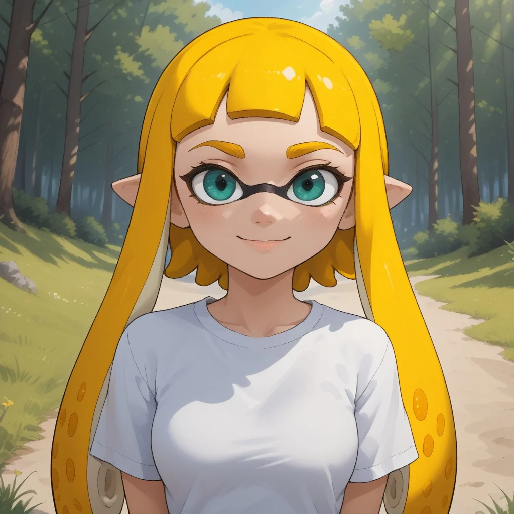 score_9, score_8, BREAK, solo, ssplatoon, inkling, female inkling, 1girl, tentacle hair, yellow hair, dark green eyes, cute, yellow eyebrows, white shirt, blue jeans, blue shoes, breasts, Bianca_(\OC_Inkling\), sexy pose, self portrait, smile, outdoors, sunlight, shadows, evening lighting, natural lighting, forest, trees, grass, orange sky, sunset