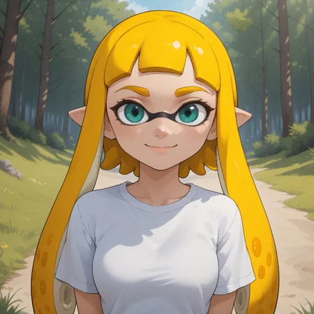 score_9, score_8, BREAK, solo, ssplatoon, inkling, female inkling, 1girl, tentacle hair, yellow hair, dark green eyes, cute, yellow eyebrows, white shirt, blue jeans, blue shoes, breasts, Bianca_(\OC_Inkling\), sexy pose, self portrait, smile, outdoors, sunlight, shadows, evening lighting, natural lighting, forest, trees, grass, orange sky, sunset