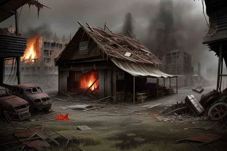 realistic, hyper-realistic, ultra detailed, 8k, photo,  
Wasteland city ruins, Collapsed modern city to ruins, red dust in every corner, very low vegetation, Collapsed city,  one dark skyscraper in distance, small round marketplace with few primitive tents at and in the ruins,  
Dark sky, cloudy sky, market stalls and market huts made from scrap and the ruins,