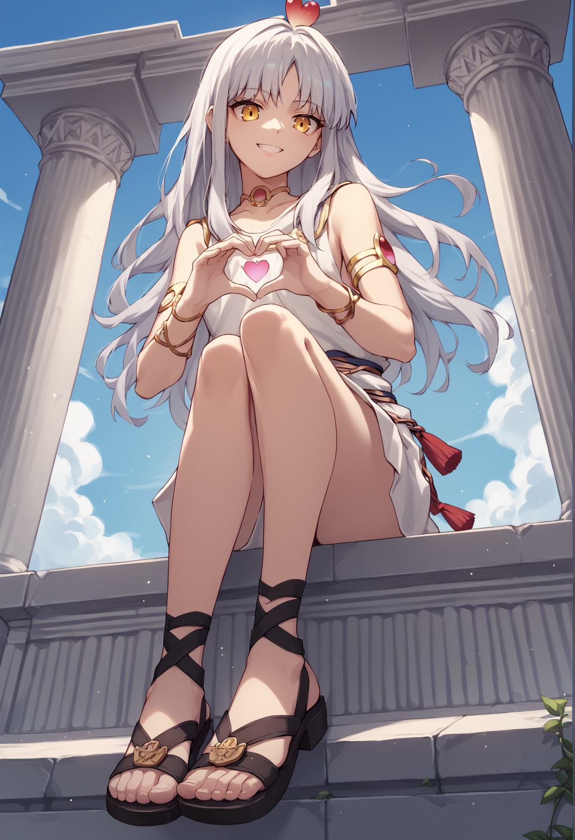 1girl, long hair, grey hair, yellow eyes, hair ornament, toga, choker, jewelry, bare shoulders, bracelet, armlet, chains, sandals, sitting, outdoors, pillar, greek temple, from below, smile, hand hearts  <lora:Amor_Caren_Hortensia_XL:1>, score_9, score_8_up, score_7_up, score_6_up, score_5_up, score_4_up, BREAK source_anime, masterpiece