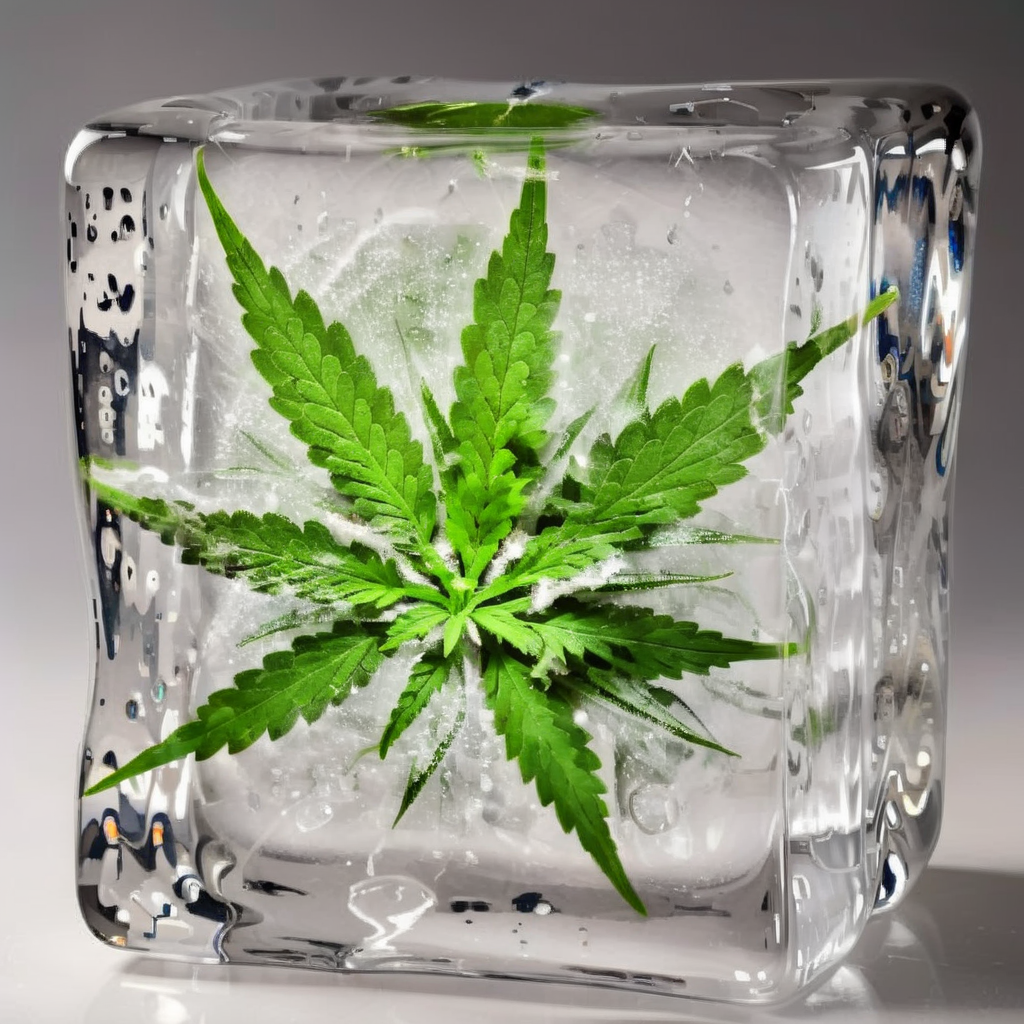 Create a realistic image of  weed frozen inside a block of ice,<lora:iniceblock:0.8>