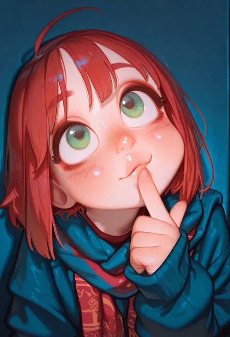 artist:moriimee, (detailed face),face focus, (looking up, thinking, curious, head tilt, finger to mouth), ultra-detailed-eyes,glossy lips,beautiful eyes,long eyelashes,big eyes,detailed eyes,perfect eyes,detailed iris,sharp jawline,detailed background, masterpiece,amazing quality,best quality,good quality,newest,highres,absurdres,volumetric lighting,gradient color,raytracing,ambient occlusion,very awa,very aesthetic,absurdres, (scenery, volumetric lighting),1girl, stylized girl, exaggerated facial proportions, large round face, small pursed lips, dramatic arched eyebrows, playful pout expression, short hair, green eyes, red hair, thick eyebrows, short white eyebrows, antenna hair, ahoge, :3, bold red eyeshadow, long thick black eyelashes, warm blush on cheeks, oversized thick sweater and scarf gradient of warm and cool colors, soft pink, corals, cozy, warm, muted blue background   high-quality fabric, prickly wool, soft and diffused lighting, smooth plastic-like skin texture, semi-realistic digital painting, high detail, cinematic character portrait <lora:bikabaka:0.9> <lora:Illustrious_USA3710_Style_LORA_2:0.25> us4styl3, <lora:Rapscallion_IllustriousV1:0.6> <lora:tomaco_ill:1> <lora:nyalia_NoobXL:0.8>