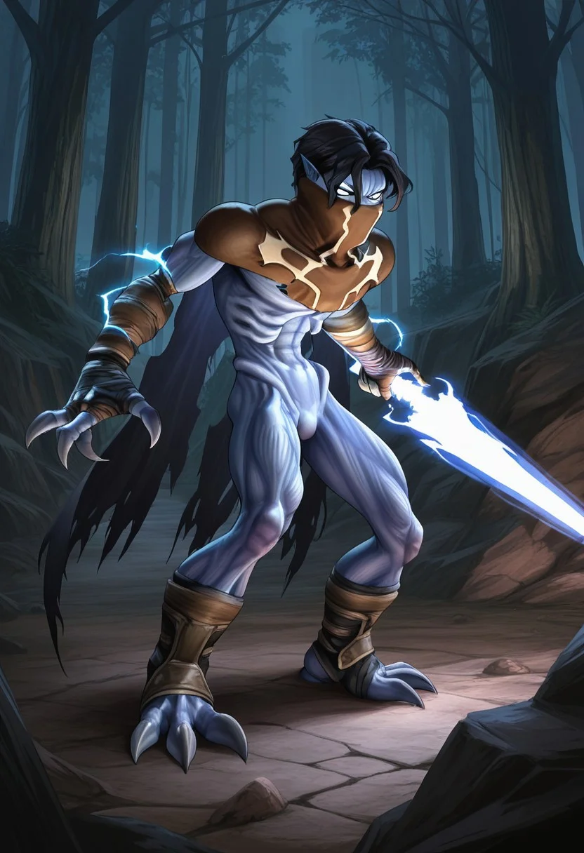 AMAZING QUALITY, MASTERPIECE, 1BOY, RAZIEL, POINTY EARS, BLUE SKIN, BLACK HAIR, WHITE EYES, NECK GAITER, TORN WINGS, CLAWS, ARM ENERGY, BANDAGES, WRAITH BLADE, ENERGY SWORD,
