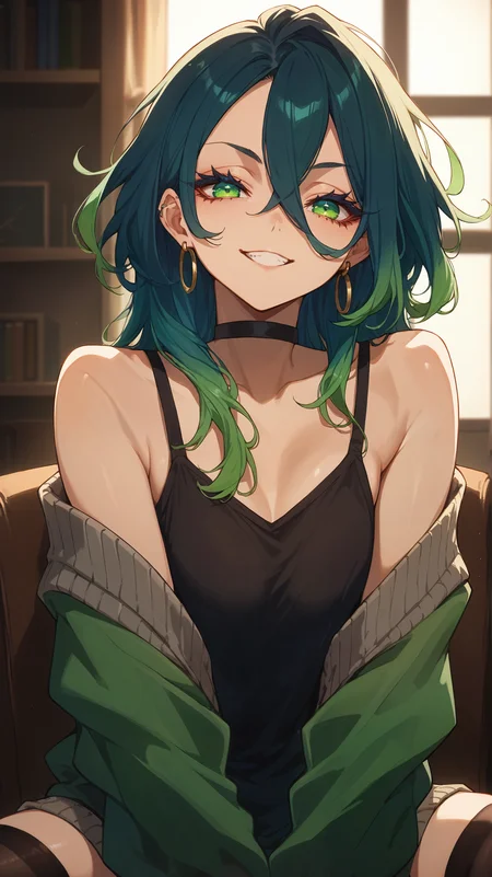 score_9,score_8_up,score_7_up,score_6_up, <lora:xl_more_art-full_v1:0.5>, source_anime, girl, <lora:Filoen - Pony:0.8>, long hair, dark blue hair, gradient hair, multicolored hair, dark blue roots, green hair, colored tips, green tips, green eyes, messy hair, hair between eyes, loop earrings, black choker, thick eyelashes, black top, bare shoulders, oversized sweater, black thighhighs, seductive smile,