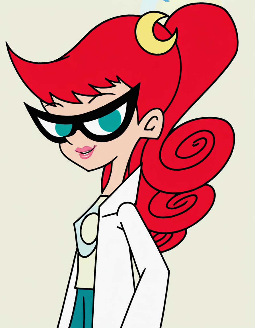 marytest, glasses, 1girl, red hair, ponytail, solo, long hair, hair ornament,crescent,  aqua eyes, labcoat, curly hair, lips, lipstick, t-shirt, looking at viewer, masterpiece, best quality, amazing quality, very aesthetic, absurdres <lora:MaryTestIllustrious1.0JLFO-000017:1.0> simple background,upper body, portrait, smile,