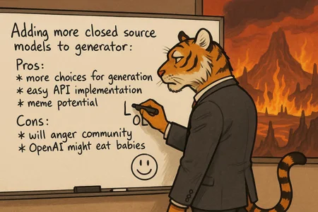 A wide image taken of a whiteboard, in a room overlooking hell. The field of view shows an anthropomorphic tiger man wearing a suit writing. The handwriting looks natural and a bit messy.

The text reads:

(left)
"Adding more closed source models to generator:

Pros:
* more choices for generation
* easy API implementation
* meme potential

Cons:
* will anger community
* OpenAI might eat babies

(Right)
"LOL"

On the bottom right of the board, he draws a smiley face