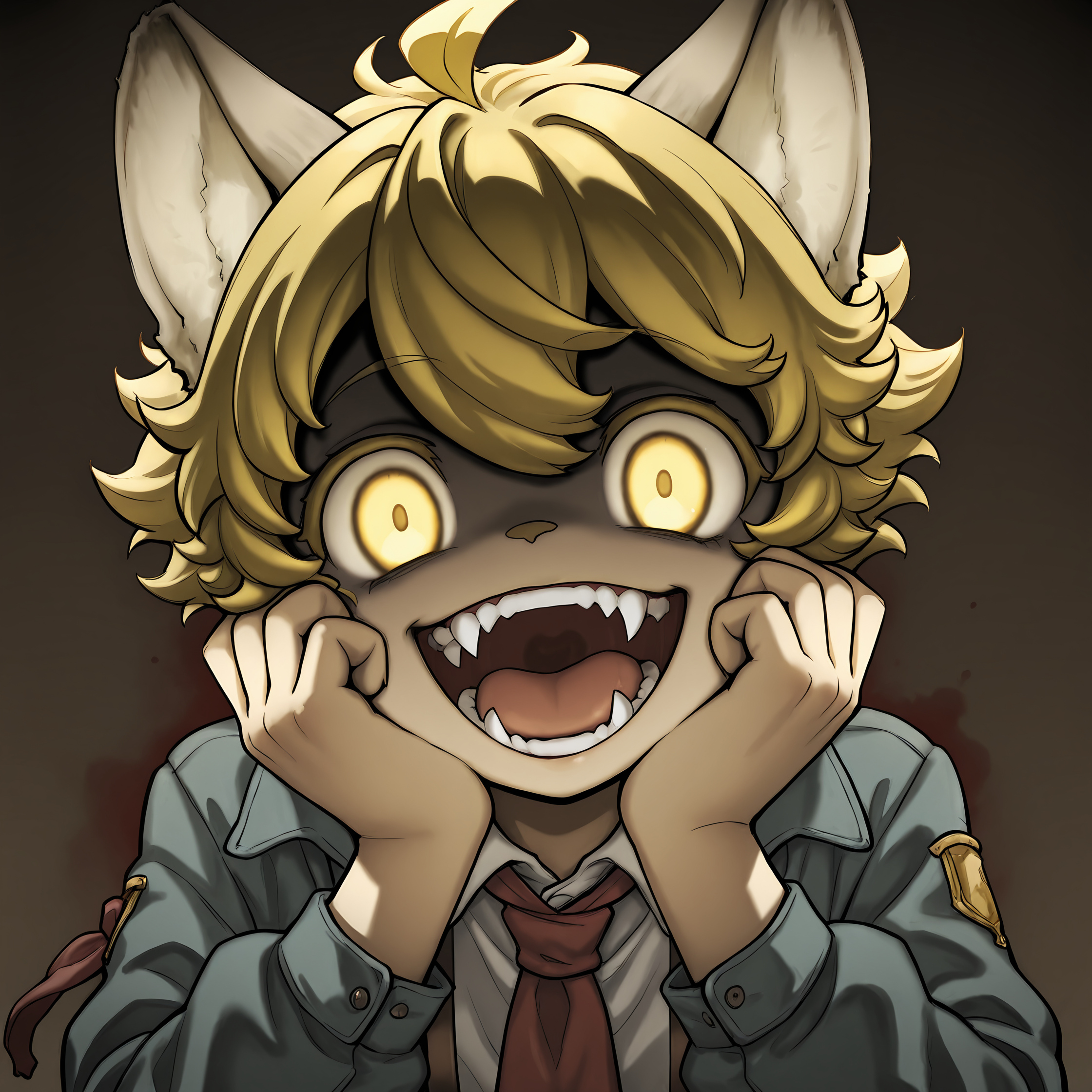 masterpiece, best quality, (absurdres), (highest quality), amazing quality, very aesthetic, no humans,
BREAK, <lora:Malt_Marzipan:1>, malt marzipan, fuga: melodies of steel, young male, 1boy, animal ears, yellow eyes, blonde hair, glowing eyes,
BREAK, suspenders, jacket, shirt,
BREAK, solo, hands on cheeks, head tilt, insane, wide eyes, evil smile, open mouth, fangs, (close-up), fangs, yandere, looking at viewer, stare,