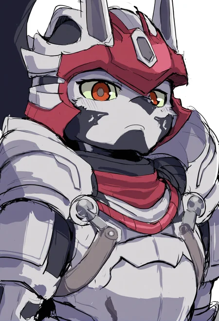 masterpiece, hyper detailed, best quality,(furry:1.3),1boy, male focus, solo, white background, upper body, armor, helmet, simple background, glowing, sketch, looking at viewer ,<lora:DAGASIXLlokr8f-000188:0.95>