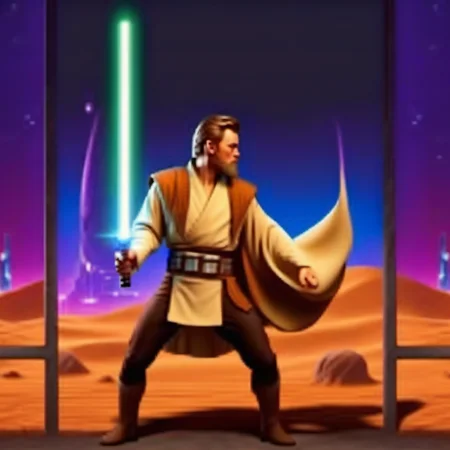 Ultra-realistic high quality 8k masterpiece of a breathtakingly gorgeous fighting game with Obi-Wan Kenobi as a fighter <lora:mk style:0.8> holding lightsaber in fighting pose, gorgeously detailed fighter sprites, side view, wide shot, full body view , cloud city night time gorgeous lush background <lora:Obi-Wan Kenobi:0.8>