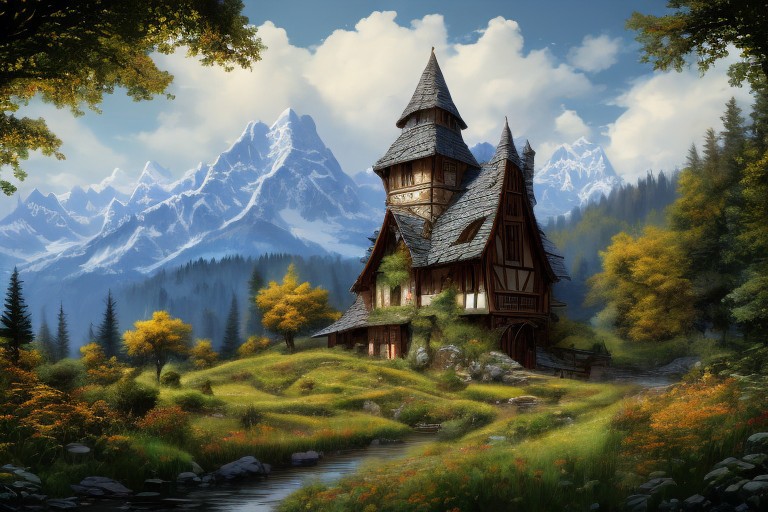 realistic analog photo, award winning photo, 
fantfa, background, mountain, stream, trees, foreground, field, house, farm, witow, a wizard watch tower,
high-quality, crisp, sharp, professional-grade, high-resolution, fine detail, accurate colors, low noise, fast shutter speed, wide dynamic range, precise focus, RAW, highres, 8k, uhd, High Dynamic Range, tonemapping, crisp details,