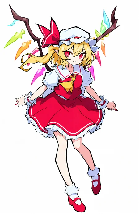 flandre_scarlet, 1girl, solo, looking_at_viewer, smile, simple_background, shirt, skirt, blonde_hair, white_background, red_eyes, hat, ribbon, hair_between_eyes, white_shirt, full_body, short_sleeves, frills, wings, shoes, socks, pointy_ears, puffy_sleeves, vest, red_ribbon, puffy_short_sleeves, fingernails, wrist_cuffs, ascot, white_headwear, red_skirt, one_side_up, white_socks, mob_cap, frilled_skirt, hat_ribbon, red_footwear, skirt_set, frilled_shirt_collar, crystal, sharp_fingernails, yellow_ascot, red_vest