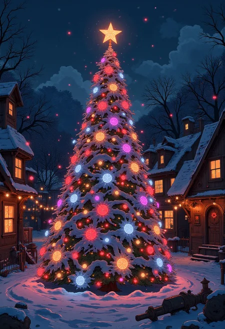 "Create a stunning, hyper-realistic image of an anime-style Christmas tree decorated with colorful lights and bows. The tree should be adorned with vibrant, festive decorations, and snowflakes should be swirling around it, adding a magical touch. The scene should be set in a cozy town on Christmas Eve, with a warm, inviting atmosphere. The town should be detailed with snow-covered buildings, glowing windows, and festive decorations. The overall composition should be both visually captivating and aesthetically pleasing, capturing the essence of a charming and magical Christmas scene, with a focus on the vibrant colors and cozy, festive mood."