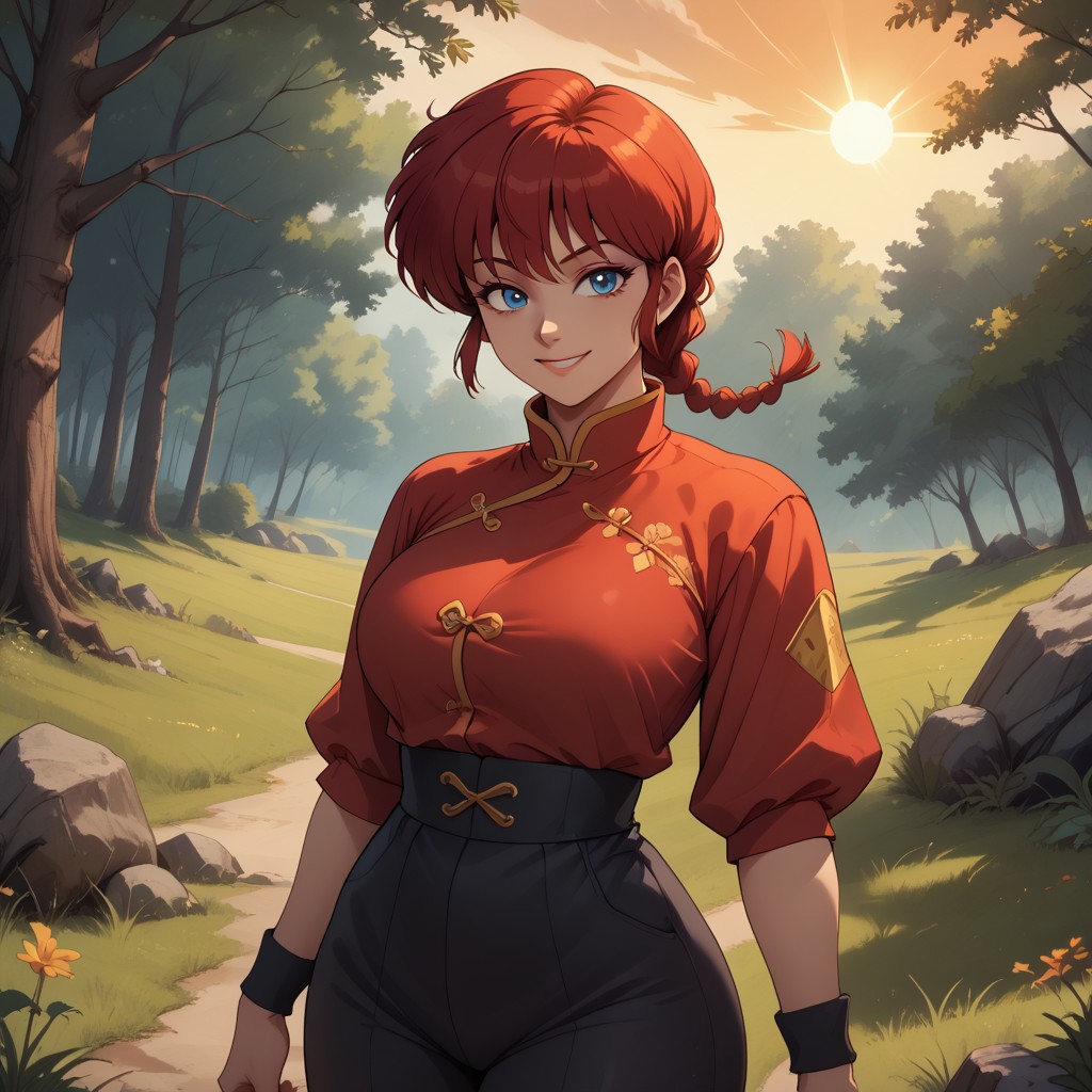 score_9, score_8, BREAK, ranma-chan,1990s style,retro artstyle,red hair,medium hair,single braid,braided ponytail,blue eyes,eyeliner,large breasts,narrow waist,short stature,chinese clothes,red shirt,black pants,black wristband, sexy pose, self portrait, smile, outdoors, sunlight, shadows, evening lighting, natural lighting, forest, trees, grass, orange sky, sunset