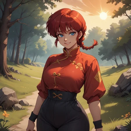 score_9, score_8, BREAK, ranma-chan,1990s style,retro artstyle,red hair,medium hair,single braid,braided ponytail,blue eyes,eyeliner,large breasts,narrow waist,short stature,chinese clothes,red shirt,black pants,black wristband, sexy pose, self portrait, smile, outdoors, sunlight, shadows, evening lighting, natural lighting, forest, trees, grass, orange sky, sunset