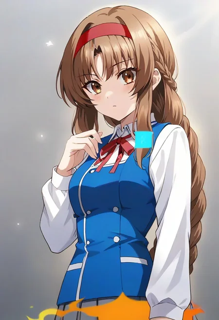 best quality, 4k, rating_safe, very aesthetic, source_anime,1girl, <lora:Takao:0.9>,takao,brown hair,brown eyes,long hair,single braid,red hairband,neck ribbon,white shirt,long sleeves,blue vest,gray skirt,school uniform,