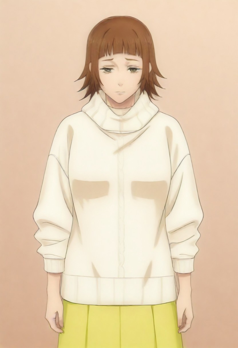 masterpiece, best quality, amazing quality,,, shiny skin,,,,,,,,yuozawa, brown_eyes, brown_hair, short_hair, blunt_bangs,, turtleneck, white_sweater, long_skirt, yellow_skirt,