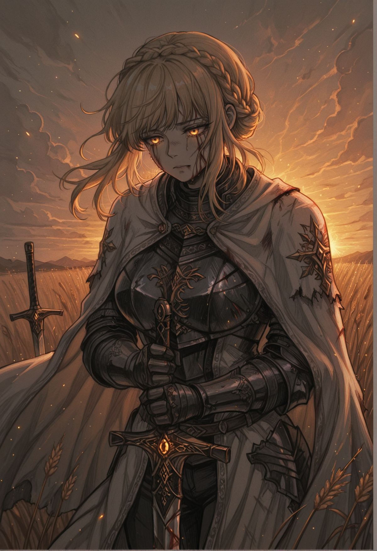 score_9, score_8_up, score_7_up, masterpiece, best quality, very aesthetic, neonsketcheffect, glowing sketch, glowing, spot color, (dynamic:1), highres, detailed, 1girl, KnightLeda, blonde hair, bangs, crown braid, messy hair, hair floating on wind, yellow eyes, (glowing eyes:1.1), tired, (sad, cry, tears:1.1), blood on face, needle knight armor, white cape, (dirty cape, teared cape, damaged cape:1.1), large breasts, blood on armor, (wounded, teared armor, damaged armor:1.2), holding sword, leda sword, planted sword, (tired pose:1.1), blood on sword, gloves, gauntlets, black pants, wheat field, cloudy sky, godrays, dramatic lights
<lora:Needle_Knight_Leda_-_Maly007_lora:0.65>::0.3
<lora:NeonSketchEffect1llust:0.75>
