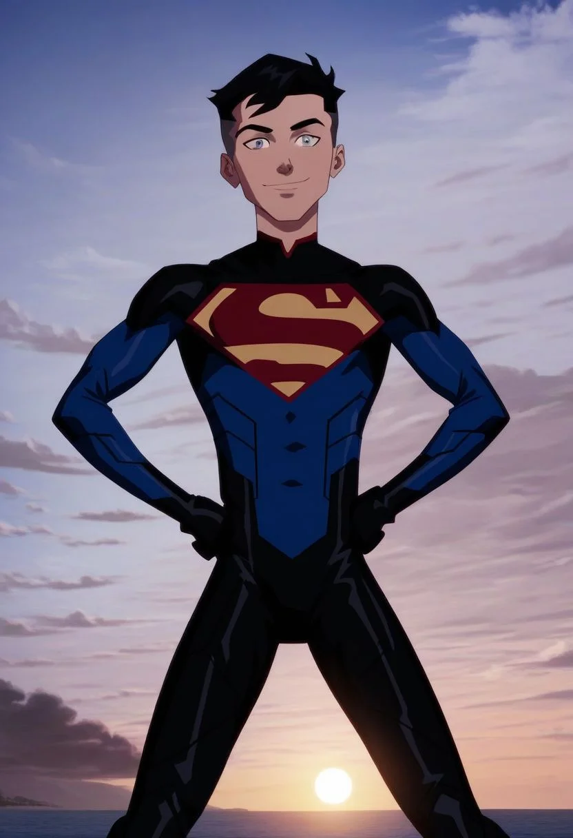 <lora:Superboy:1>, score_9, score_8_up, score_7_up, 1boy, looking at viewer, superboy, superhero, outdoors, sky, bodysuit, sun, clouds, standing, spread legs, hands on hips, slim athletic male, twink, grey eyes, beach, hands on knees, light smile,