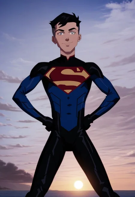 <lora:Superboy:1>, score_9, score_8_up, score_7_up, 1boy, looking at viewer, superboy, superhero, outdoors, sky, bodysuit, sun, clouds, standing, spread legs, hands on hips, slim athletic male, twink, grey eyes, beach, hands on knees, light smile,