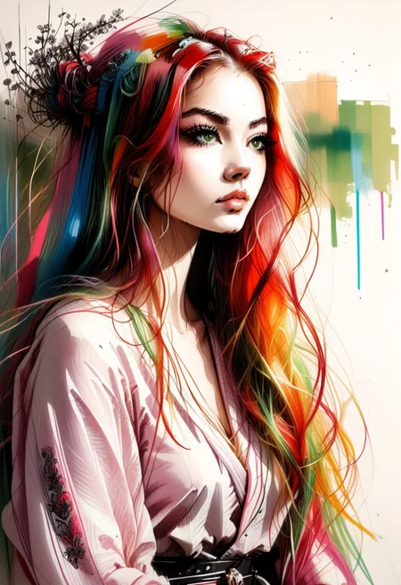 masterpiece,best quality,detailed background, <lora:hyperSD8:1>,
1girl, red hair, long hair, blunt bangs, hime cut, green eyes, eyelashes, large BREASTS, <lora:UKIYO-E_V3:1> ukiyo-e, DETAILED EYES, BORED, loose clothes, expressionless, saturated colors, vibrant colors