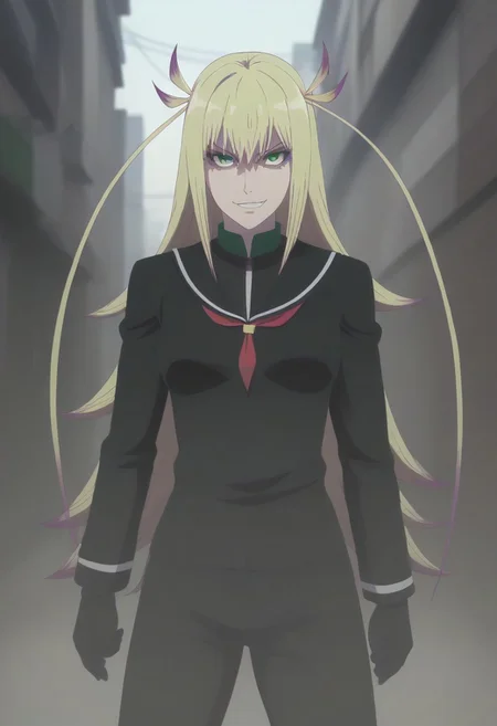 <lora:SlimesKanonIsui:1>, slimes_kanonisui, woman, solo, green eyes, alley background, evil smirk
