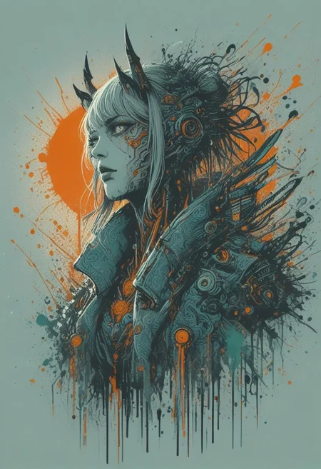 score_9, score_8_up, score_7_up, cinematic photo, porcelain white skin, blood dripping from lips, blood dripping down chest, blood red demon horns, white hair, dramatic lighting, dynamic pose, oni woman in kimono, cyberpunk, yellow_sun, teal background, <lora:Neon_Splash_Art_for_Pony:1>