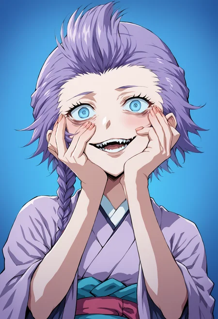 score_9, score_7_up, source_anime, uncensored, zPDXLxxx, <lora:intricate_details:0.5> intricate_details_xl, gradient background, (destroyed:1.25), shiny blue background, cowboy shot, close-up, face focus <lora:Sadamoto Yoshiyuki_XL_PONY:1>
1girl, solo, li, light purple hair, braided bun, swept bangs, mohawk, short hair, crazy eyes, cat eyes, looking at viewer, kimono skirt
<lora:Yandere_Expression_v1.0:1> Yandere trance, hands on own face, hands on own cheeks, fingernails