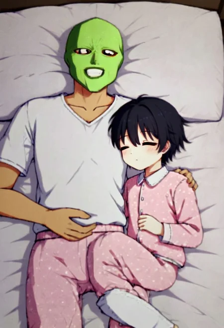TheMask1024,
black hair masked Boy sleeping on bed in pajamas<lora;TheMask;1.4>,Dad sleeps next to son,