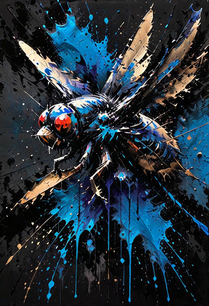 dynamink fly metallic blue ink on a solid black background, expressive, <lora:dynamink:1>,