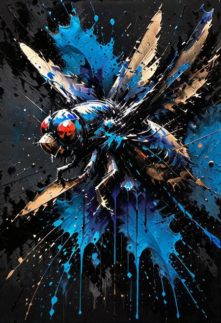 dynamink fly metallic blue ink on a solid black background, expressive, <lora:dynamink:1>,