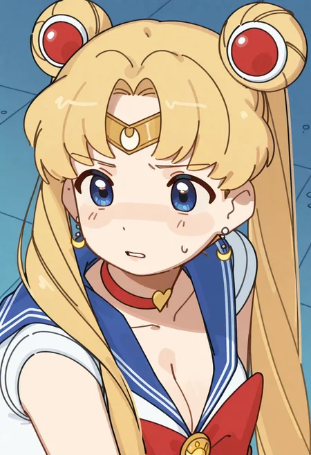 masterpiece,best quality, squatting, tsukino usagi, sailor moon,bishoujo senshi sailor moon,sailor moon redraw challenge (meme), sailor senshi uniform, 1girl, blonde hair, twintails, blue eyes, sailor collar, long hair, hair over shoulder, cleavage, breasts, collarbone, hair bun, parted bangs, double bun, parted lips, choker, earrings, crescent, circlet, diadem, sweatdrop, solo, upper body, from side, meme, crescent earrings, jewelry, heart choker, blue sailor collar, heart, red choker,nsfpine18,