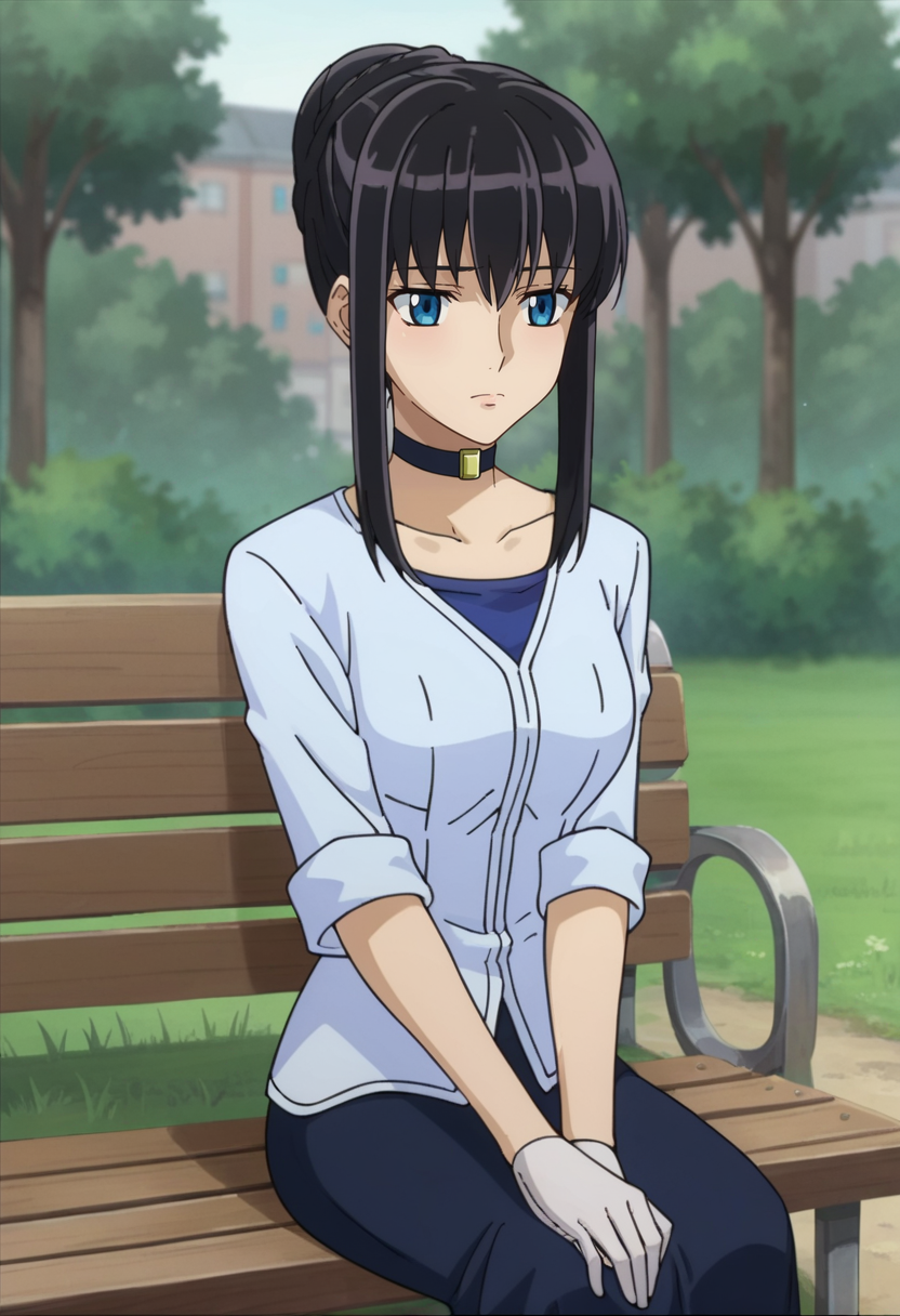 score_9,score_8_up,score_7_up,score_6_up,score_5_up,score_4_up,anime coloring BREAK source_anime,anime,<lora:Marina_Ismail_Gundam_00_Pony:0.8>,marina,1girl,solo,blue eyes,black hair,single hair bun,sidelocks,choker,lightblue shirt,short sleeves,navy skirt,white gloves,sitting,outdoors,bench,depth of field,front view,