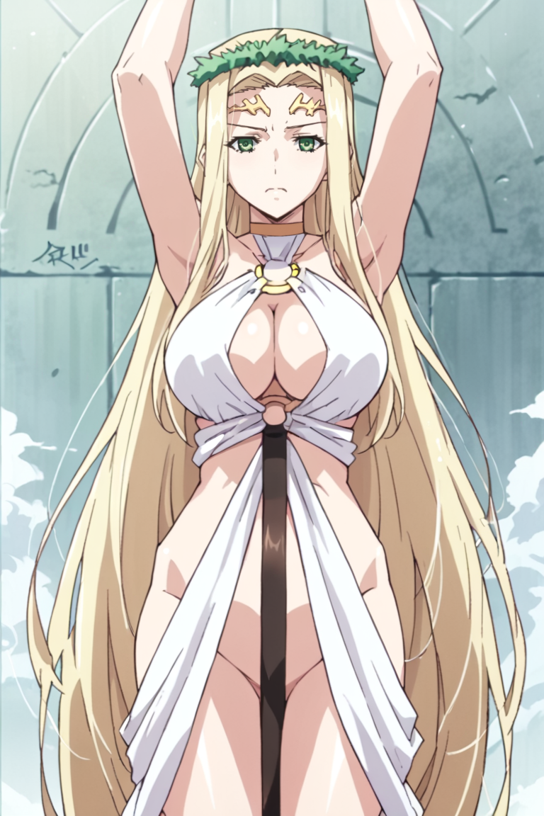 score_9, score_8_up, score_7_up, source_anime,celestine lucullus, celestine lucullus, 1girl, solo, breasts, long hair, blonde hair, green eyes, large breasts, very long hair, no panties, cleavage, arms up, yellow eyes, laurel crown, convenient censoring, g