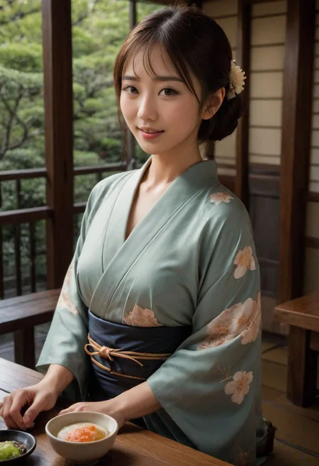 From frontal below :1.3,(dark background:1.3),(sitting behind wood table:1.631),(restaurant at ryokan:1.2),(Japanese tea cups and ((sukiyaki ))on table:1.63),((sukiyaki :1.5)),(beautiful real texture :1),smile face:1,(royal),10k,(real skin texture:1),high resolution,(one 32 years old elegant Japanese woman wearing in jyuban and colored long kimono:1.2), (looking at garden :1.4),exquisite face:1,(163cm tall:1),(fine wrinkle :1.),(detailed innocent girls face:1.), NegfeetV2,(dazzling face:1.4),(small single chignon:1), (only (one side )breast out:1.54)